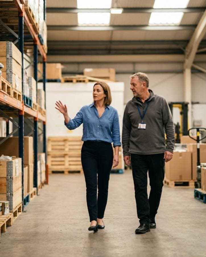 An adviser and an owner walking the floor of a warehouse together, talking.