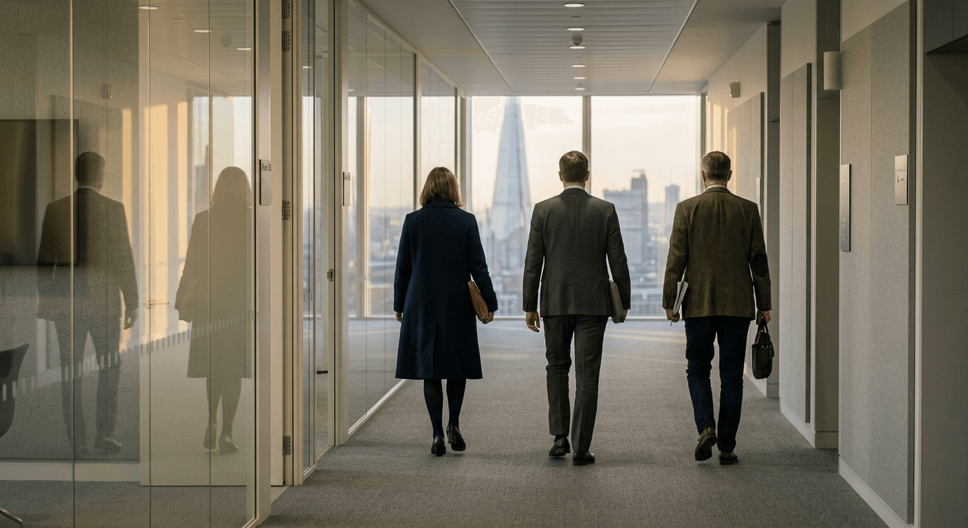 Three people walking away down a glass-walled office corridor towards a city skyline at dusk, papers under their arms.
