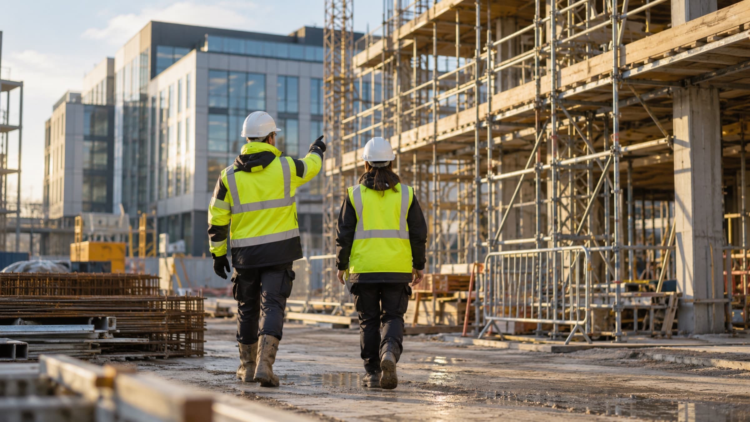 Two people seen from behind in hard hats and high-visibility jackets, walking beside scaffolding on a construction site.