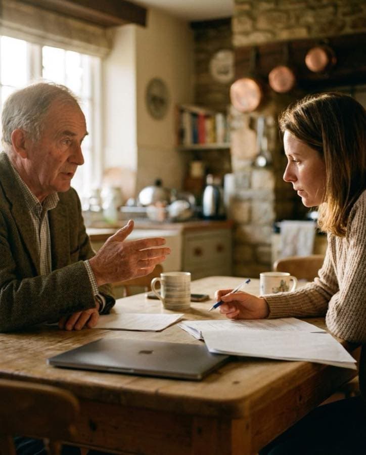 Two people at a kitchen table with papers between them, mid-conversation.