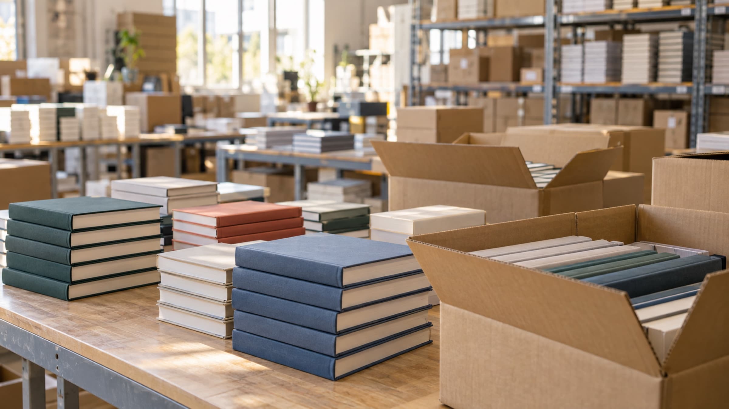 Stacks of books and open cardboard boxes of books on a packing table, with shelving behind them.